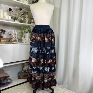 Vintage 90s Rene Derhy Blue and Brown Rose Print Tiered Maxi Skirt